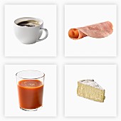Einzelne Frühstückszutaten: Schinken, Käse, Saft und Kaffee