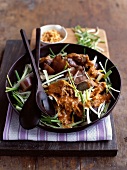 Steam-cooked eggplants with mushrooms and veal with peanut sauce