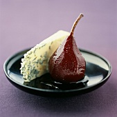 Pear poached in red wine with Stilton