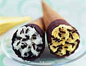 Vanilla ice cream cone and coconut ice cream cone