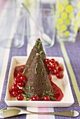 Chocolate cones with redcurrant puree