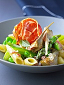Pennes with broad beans,artichokes,asparagus and pancetta