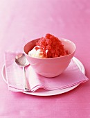 Honey ice cream topped with strawberry granita
