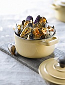 Casserole dish of mussels with saffron