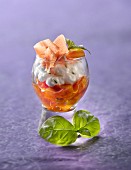 Cream cheese mousse, basil, thinly sliced raw ham and stewed tomato Verrine