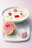 Fermented milk soup with rose-flavored loukoums
