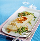 Monkfish with mace and peas