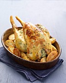 Roast chicken with parsley stuffing and roast potatoes