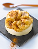 Panacotta made with concentrated milk,pan-fried bananas and cinnamon