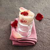 Rose-flavored lychee snow with raspberries