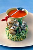 Avocado and cucumber tartare with whelks, mild pepper puree