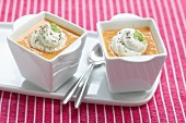 Hot tomato soup and whipped cream with herbs