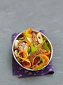 Marinated beef and young vegetable salad with soya dressing