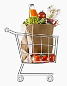 Mini-Einkaufswagen mit Gemüse in einer Einkaufstüte aus Papier
