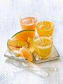 Assorted summer fruit chilled soups : melon,peach and apricot