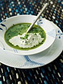 Erbsen-Blattsalat-Suppe mit Creme Fraiche