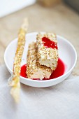 Yoghurt and sesame seed ice cream with redcurrant puree and crisp biscuit
