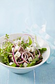 Salat mit Gurke, Fetakäse und Lammfleisch in dünnen Streifen