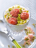 Raspberry, pistachio and Biscuits roses de Reims trifle