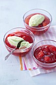 Strawberries in hibiscus jelly with lime sorbet