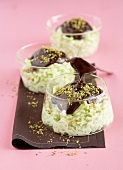 Pistachio rice pudding with chocolate sauce
