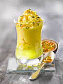 Camomile jelly and passion fruit dessert
