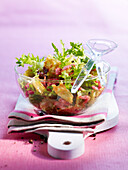Grilled raviolis and streaky bacon salad