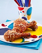 Chicken drumsticks with maple syrup and crushed peanuts