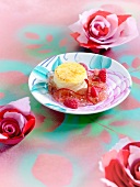 Vanilla baked egg custard with rose and raspberry jelly