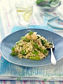 Sauteed rice with green beans and squid