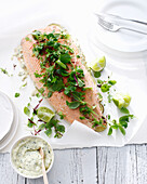 Whole oven roast salmon side with herbs and remoulade sauce