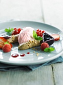 Summer fruit ice cream and licorice mousse
