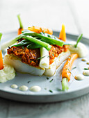 Cod with red pesto and steamed vegetables