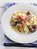 Tagliatelles with chicken livers,peppers,parmesan and blue cheese sauce
