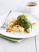 Chicken escalope wrapped in basil, mashed potatoes