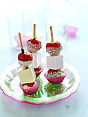 Strawberry,white chocolate and marshmallow brochettes