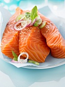 Thick pieces of raw salmon