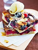 Summer fruit and thinly sliced almond sweet pizza