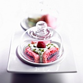 Raspberry macaroons and pistachio cream under a glass dome