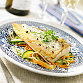 Pike-perch fillet in Vouvray, pear and chervil sauce, thinly sliced vegetables