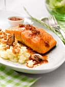 Thick piece of salmon with red pistou, mashed potatoes with shrimps
