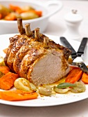 Roasted loin of pork with sage and carrots