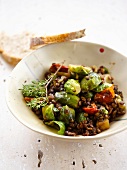Lentils with brussels sprouts and tomatoes