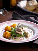 Chicken in cider sauce with runner beans, sage and Duchesse potatoes