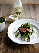 Beef fillet with sake and sesame seeds,green beans and rice