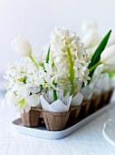 Blumen in Wassergläsern auf Eierkarton als Tischdeko