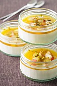 Almond milk panna cotta with pears and pistachios in lavander honey