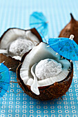 Kokos-Sorbet in Kokosschale serviert