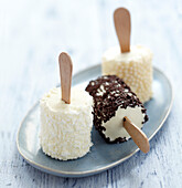 Coconut,chocolate sprinkles and sugar pearl Fromage frais iced bars