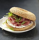 Beef carpaccio and Fromage frais bagel sandwich